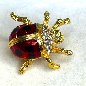 Gold Tone Ladybug Brooch Red Enamel Rhinestone Insect Pin Cute Bug Jewelry